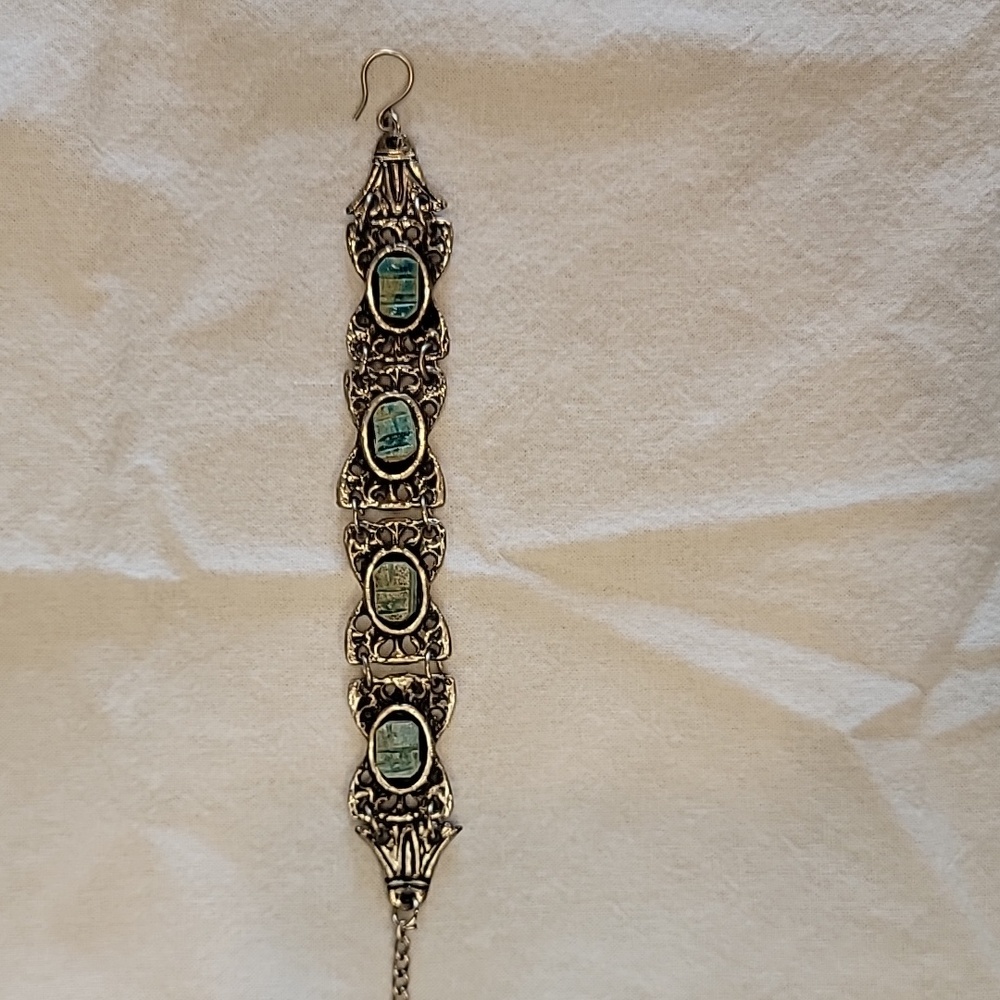 Vintage Faux Turquoise Scarab Silver Plated Bracelet Size 7in - Picture 3 of 3